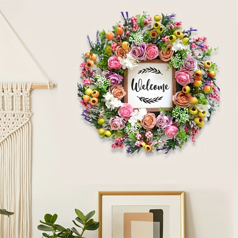 18 Inch Spring Summer Welcome Wreath for Front Door – Artificial Berry & Floral Decor with Welcome Sign, All Season Wall & Window Hanging, Mother's Day & Graduation Gift
