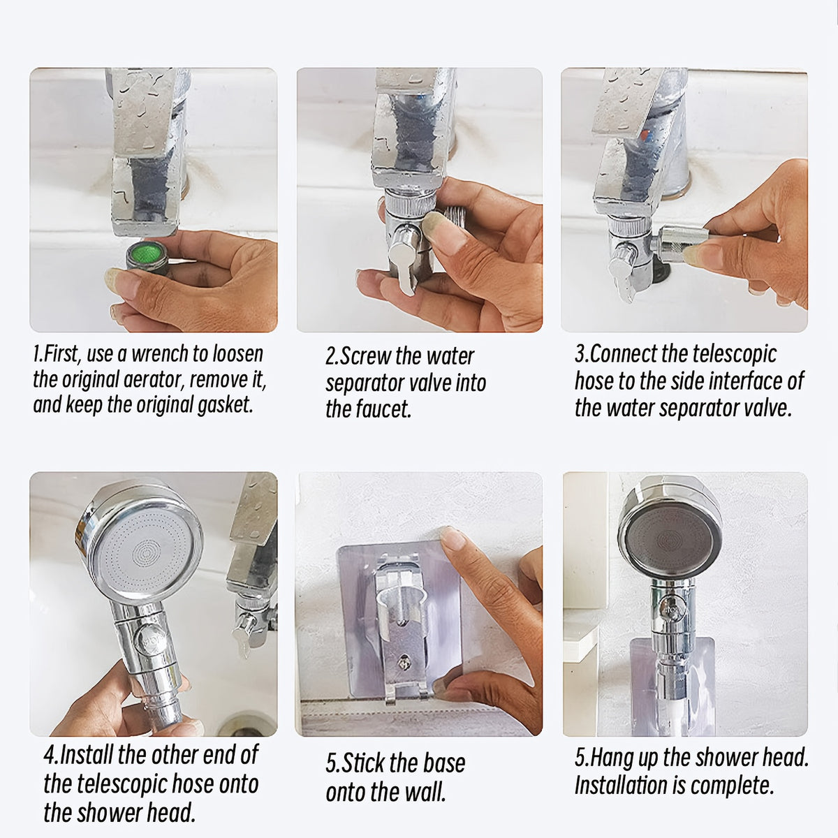 Handheld Shower Head Kit with Bracket, Diverter & Telescopic Hose – High-Pressure Faucet Adapter Shampoo Spray Set for Bathroom Sink, Travel & Portable Shower Use