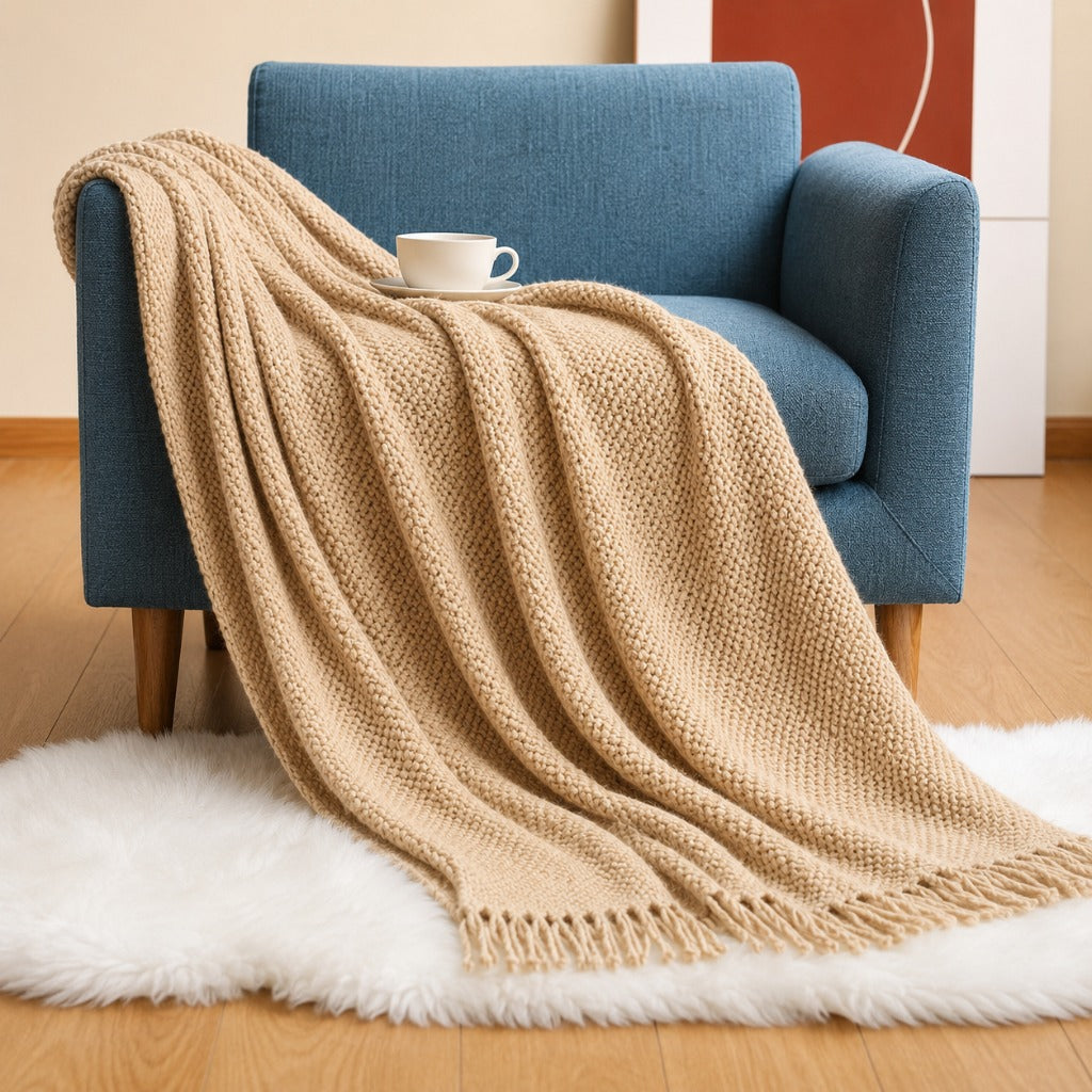 Acrylic Tassel Popcorn Texture Throw Blanket Soft Cozy for Sofa Bed Gift 8 Colors