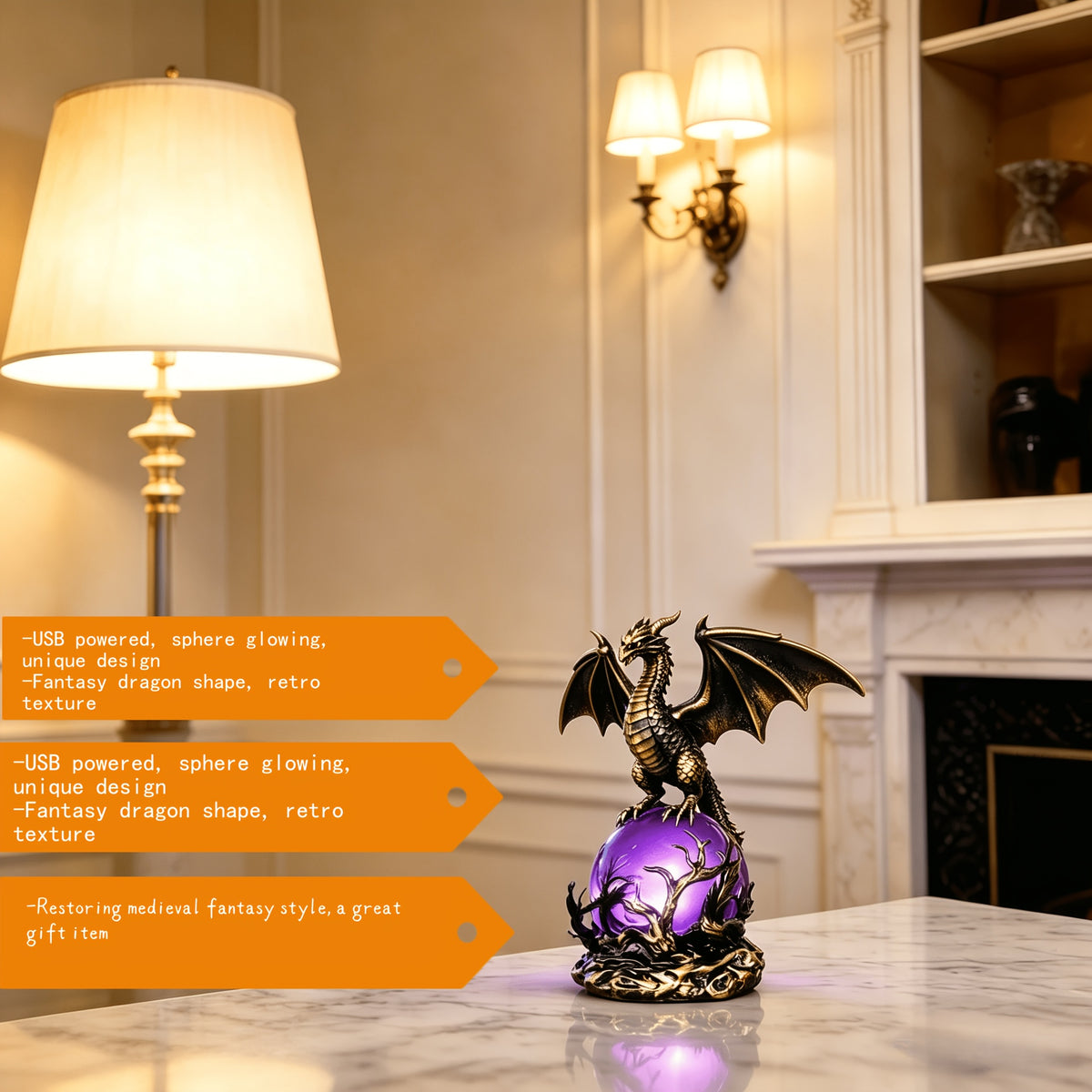 Gothic USB Night Light LED Resin Carving with Luminous Sphere – Ambient Bedroom Living Room Decor Light for Festival Parties, Collectors & Gothic Gift Enthusiasts