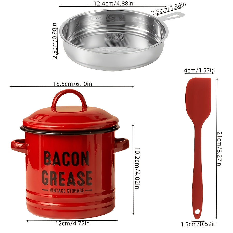 Enamel Cooking Grease Container with Fine-Mesh Strainer – Grease Saver & Oil Keeper with Spatula-Storing Handle, Farmhouse Kitchen Decor (Red or Blue)