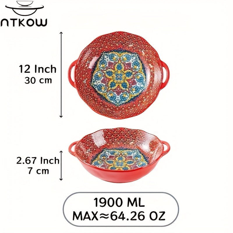 Bohemian Ceramic Salad Bowl 12 Inch with Dual Handles Large Capacity Microwave Safe Dishwasher Safe Oven Proof Porcelain Serving Bowl