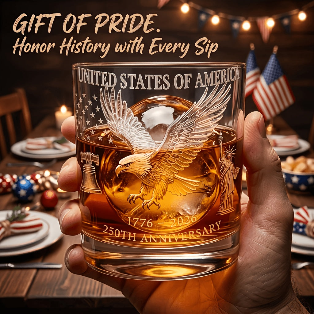 Patriotic Engraved Drinking Glass – USA 250th Anniversary Commemorative Edition, Deep Etched Relief Borosilicate Glass with HD Surround Print, Gift for Veterans & Men