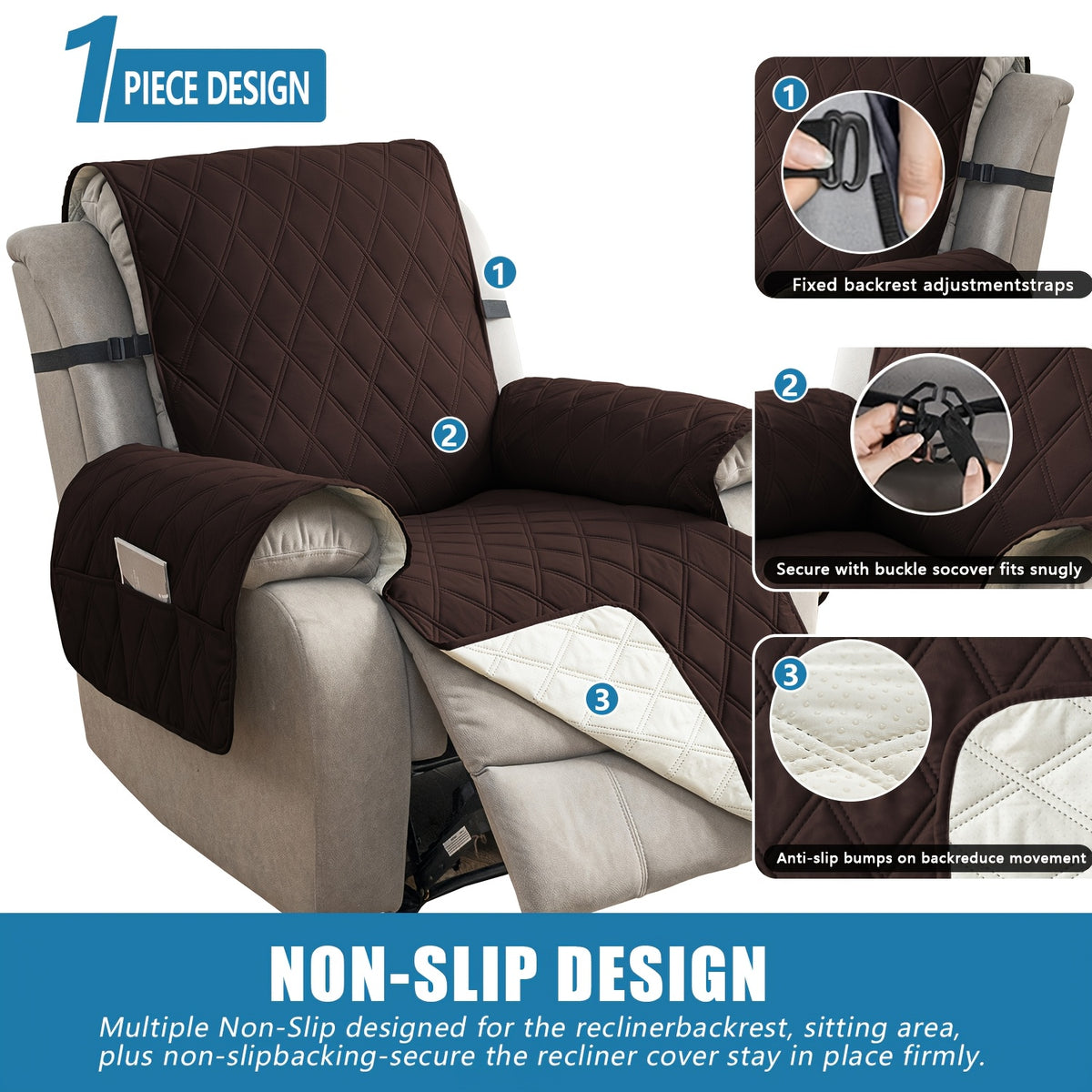 Quilted Recliner Sofa Cover Anti-Slip Wear-Resistant 4-Layer Fabric Dual Side Pockets Machine Washable Pet Home Bedroom Living Room 10 Colors 2 Sizes