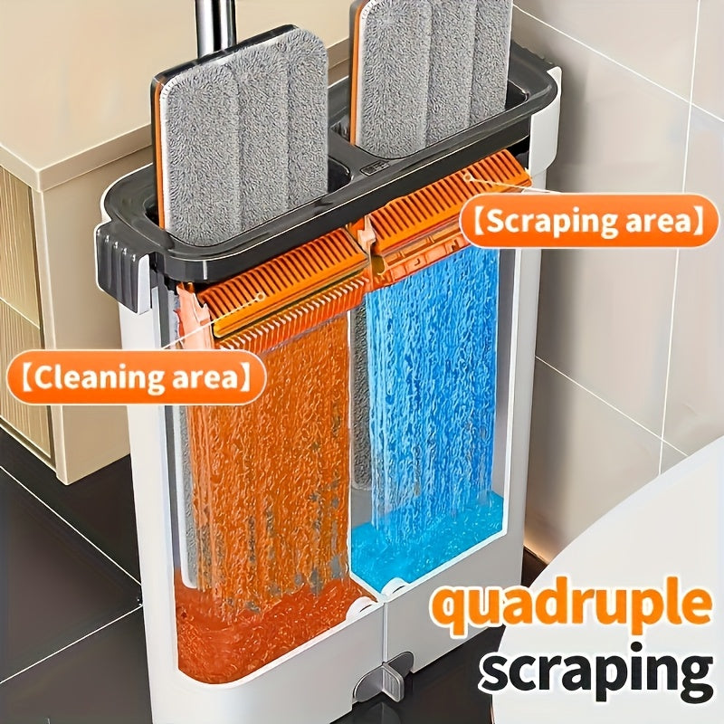 Dual-Bucket Flat Mop and Bucket System with 2025 Floating Scraper – Wash & Dry Separation, Widened Mop Head, Stainless Steel Rod & 4/6 Washable Microfiber Pads for Hardwood, Tile & Wall