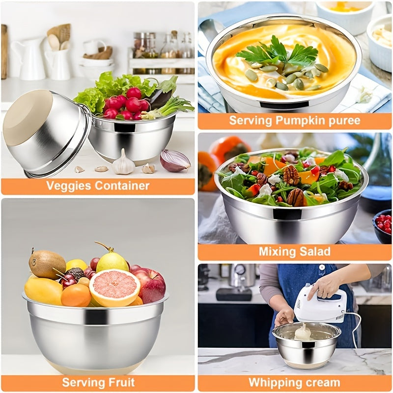 26-Piece Stainless Steel Mixing Bowl Set with Airtight Lids & 3 Grater Attachments - Non-Slip Bottoms | 6 Sizes: 1–7 QT
