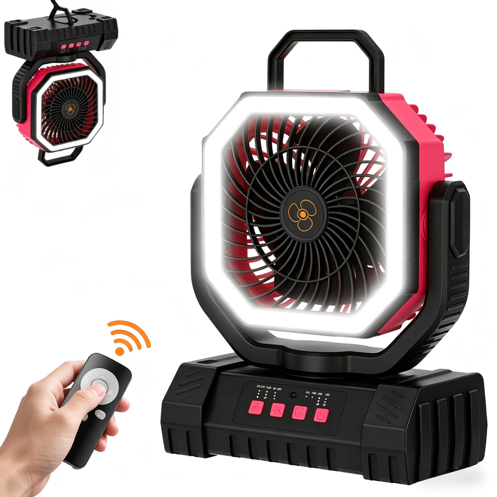 Camping Fan 20000mAh Rechargeable with LED Light, Remote Control, 270° Oscillation & Power Bank – 4 Speeds, 59-Hour Battery, 3 Use Modes
