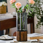 Wooden Glass Vases Set of 2 – 10 Inch Tall Cylindrical Boho Rustic Vases with Wood Base for Fireplace Mantel, Living Room Centerpiece, Bedroom, Kitchen & Desk Decor