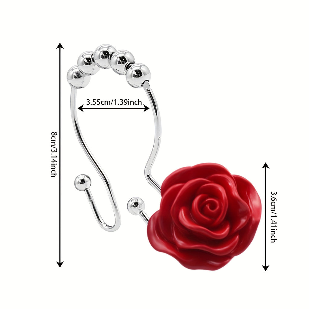 Rose Decorative Shower Curtain Hooks 12pcs – Stainless Steel Acrylic Rhinestones Double Hook for Dual Curtains | Elegant Bathroom Decor & Mother's Day Gift