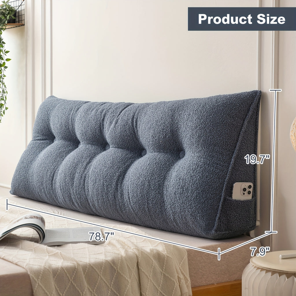 Wedge Headboard Pillow with Side Pocket Triangular Bed Reading Backrest Bolster, Teddy Velvet Removable Washable Cover Bed Gap Filler for Twin Queen King, 7 Colors