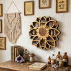 Wooden Sunflower Floating Shelf Wall-Mounted UV Printed Spiritual Decor – Crystal & Essential Oil Organizer, Meditation Room Wall Art, Living Room Storage Shelf