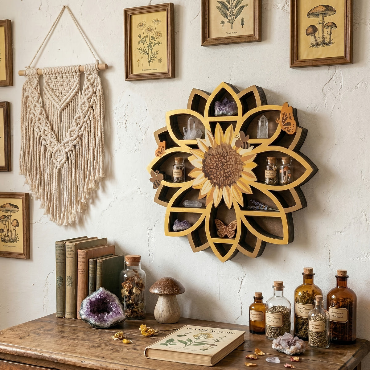 Wooden Sunflower Floating Shelf Wall-Mounted UV Printed Spiritual Decor – Crystal & Essential Oil Organizer, Meditation Room Wall Art, Living Room Storage Shelf