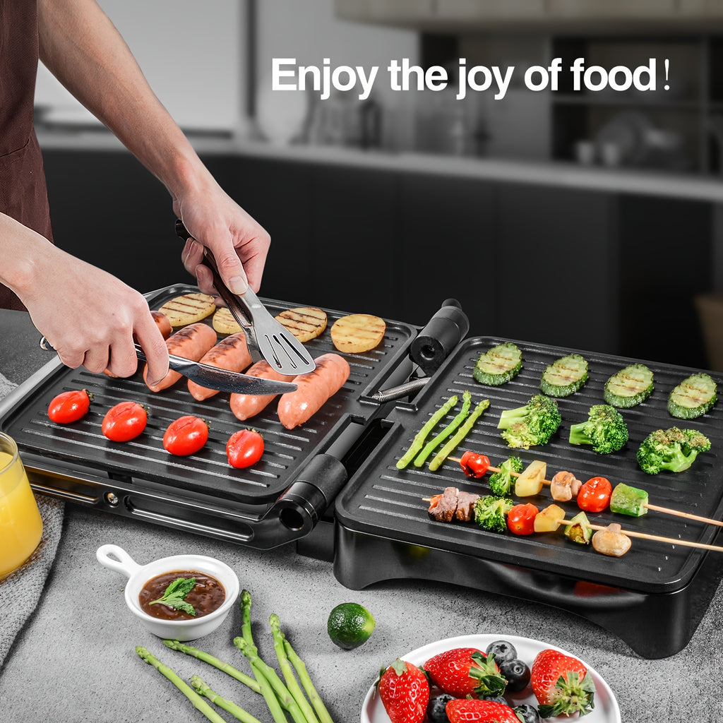 1200W Panini Press & Sandwich Maker 4-Slice Non-Stick Grill, 180° Flat Open, Adjustable Temp 120–428°F, Removable Drip Tray, LED Indicator, Cool-Touch Handle