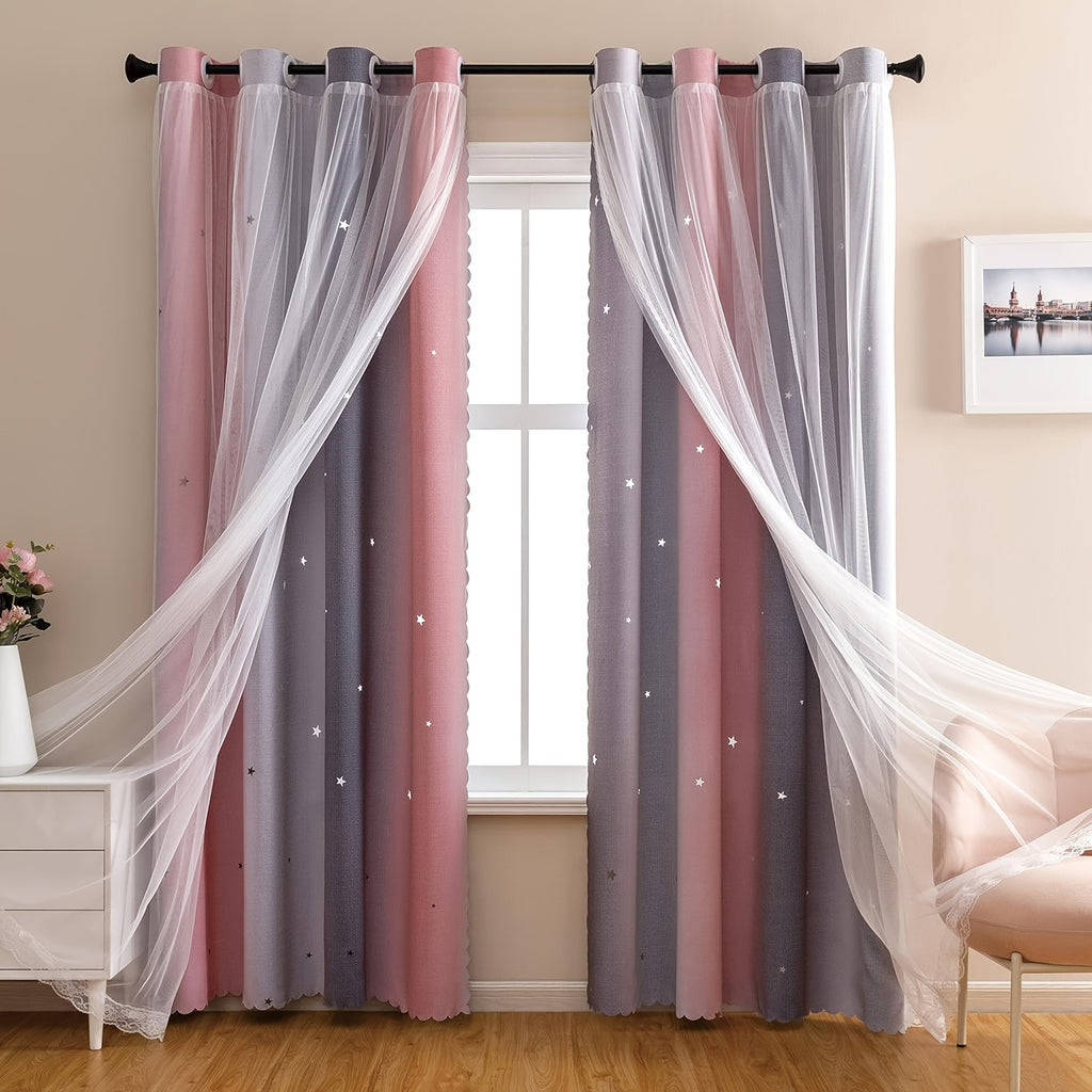 Double Layer Sheer & Blackout Curtains – Elegant Romantic Window Panels for Living Room & Bedroom, Heat Insulation, Pink Yellow Blue | W34–W51 x H63–H84 in | Nuvia Haven