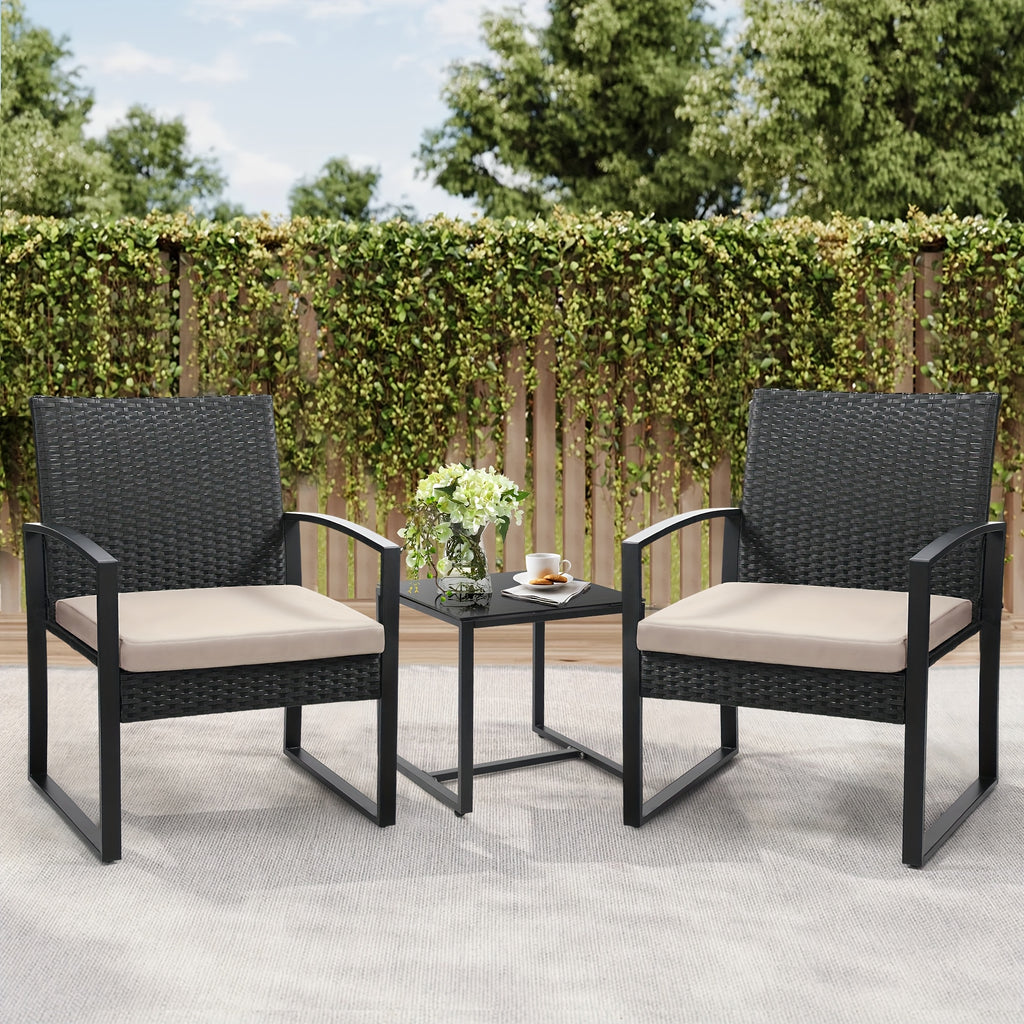Rattan Bistro Set 3 Piece Outdoor Patio Furniture with 2 Chairs & Glass Top Table, Plush Cushions Conversation Set for Backyard, Balcony and Garden, Black Rattan Frame