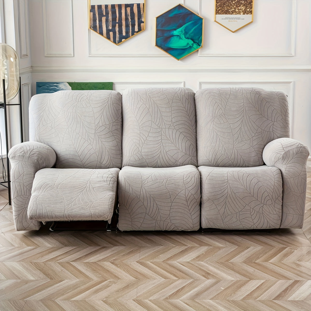 Jacquard Stretch Recliner Sofa Cover – Big Leaves Pattern, 1/2/3 Seater & Loveseat with Console, Winter Insulation Soft Washable, 6 Colors