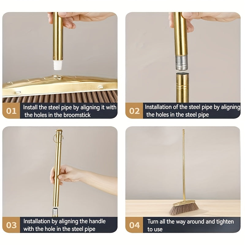 Premium Golden Stainless Steel Broom with Microfiber Bristles & 15° Angled V-Edge Dustpan – Floor-Safe, Hair-Trapping, Rubberized Bumper for Indoor & Outdoor Sweeping | Broom Only or Set