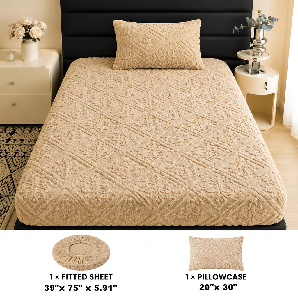 Embossed Fitted Sheet Set Super Soft Deep Pocket - European Texture Bed Sheets All Season, Machine Washable, Optional Pillowcases, Twin Full Queen King Sizes, 5 Colors Bedroom Bedding