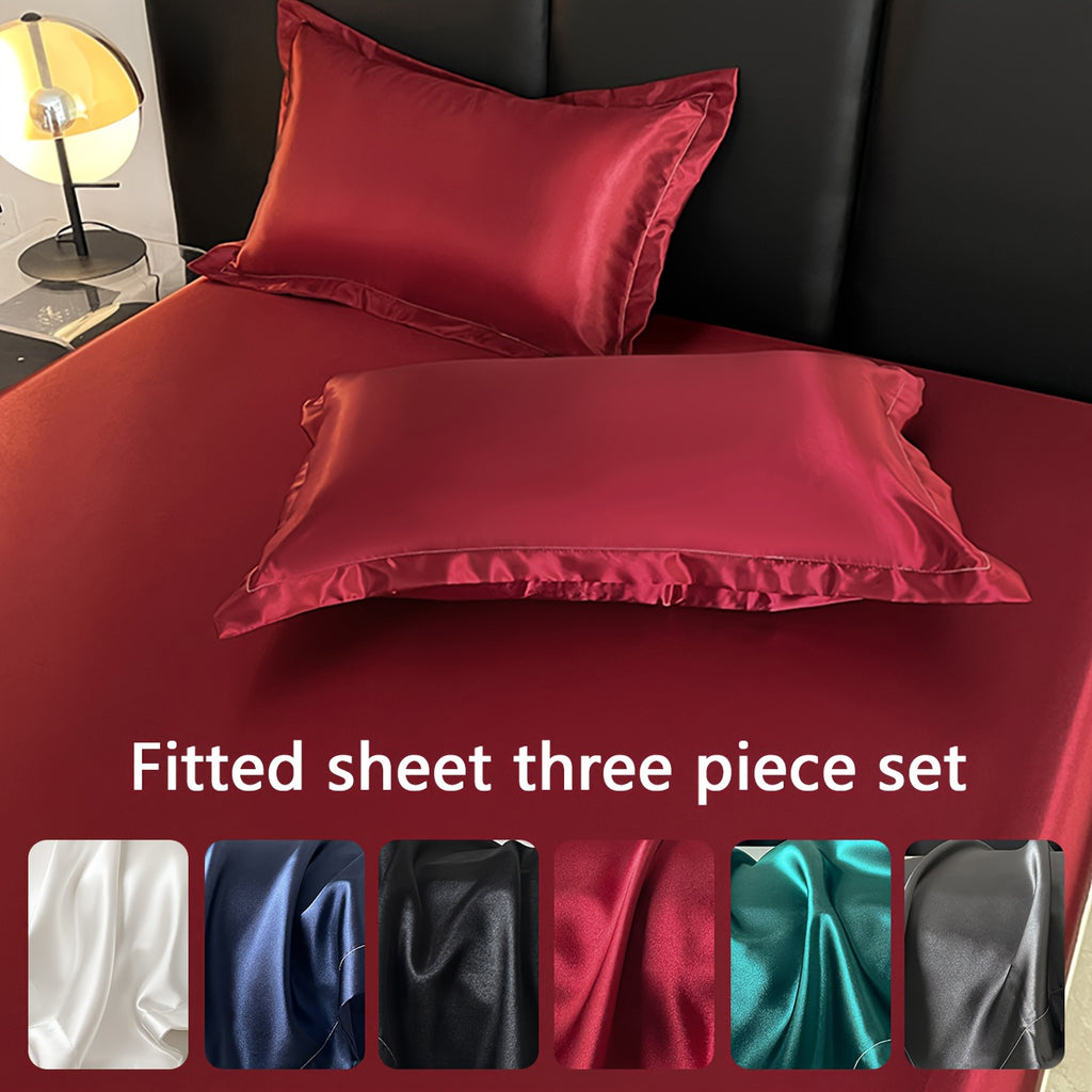 Luxury Satin Fitted Sheet Set with Pillowcases, 3000TC Silky Smooth Cooling Breathable Bed Sheets, Wrinkle-Resistant Machine Washable, Twin Full Queen King for Hot Sleepers, Adults & Kids — White Black Burgundy Gray Blue Purple