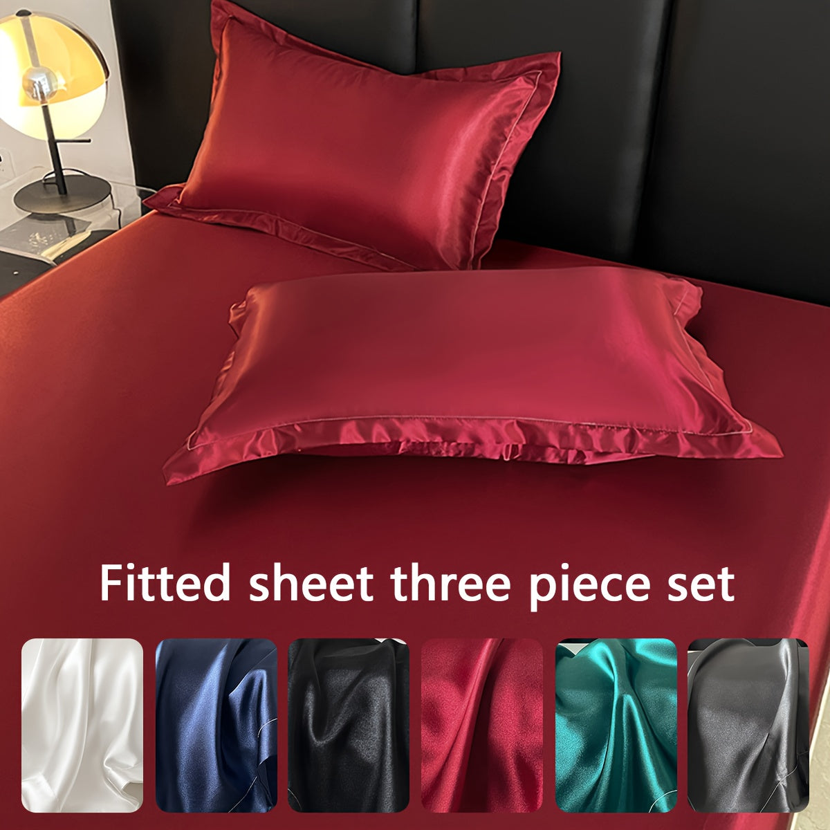 Luxury Satin Fitted Sheet Set with Pillowcases, 3000TC Silky Smooth Cooling Breathable Bed Sheets, Wrinkle-Resistant Machine Washable, Twin Full Queen King for Hot Sleepers, Adults & Kids — White Black Burgundy Gray Blue Purple