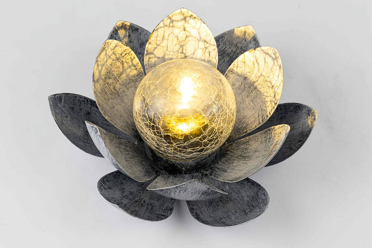 Solar Lotus Flower Garden Light with Cracked Glass Globe & LED Beads, Waterproof Outdoor Stake Light for Patio, Lawn, Steps & Yard, Auto Dusk-to-Dawn, Black White Solar Decorative Landscape Light