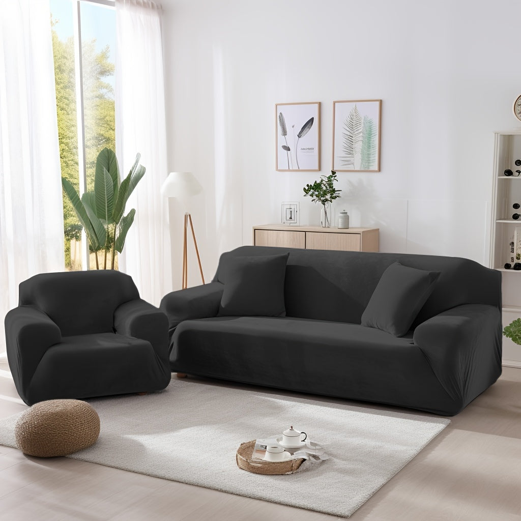 Velvet Stretch Sofa Cover Slipcover – Thick High-Elasticity Plush Couch Cover for L-Shape 1 2 3 4 Seater, Polyester Spandex Furniture Protector with Pillowcase for Living Room