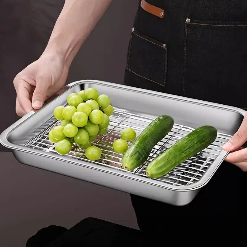 Stainless Steel Baking Tray Set with Cooling Rack & Mesh Basket - 12.5x8.6 Inch Cookie Sheet for Oven Baking, BBQ, Roasting & Vegetable Prep, Multi-Use Kitchen Set for Holiday Cooking