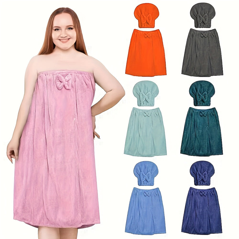 Coral Velvet Bath Wrap Towel Skirt & Dry Hair Hat Set with Pockets - Super Absorbent Machine Washable Spa Bathrobe Bag for Women Home Lounge Bedroom | Nuvia Haven