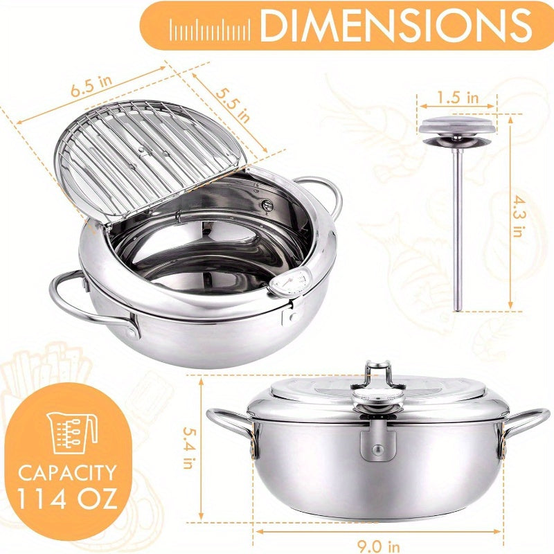Deep Fryer Pot 304 Stainless Steel Japanese Tempura Frying Pot with Oil Drain Rack, Temperature Control & Lid - Stovetop & Induction Compatible for French Fries, Chicken, Donuts - Home Kitchen