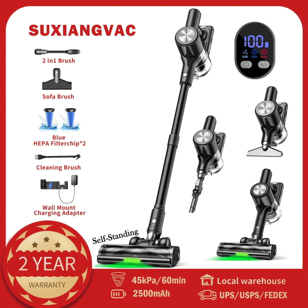 45KPA Cordless Vacuum Cleaner 8-in-1 Lightweight Stick Vacuum Green Light Anti-Tangle Floor Brush for Carpet Pet Hair Tile Hardwood 4 Colors