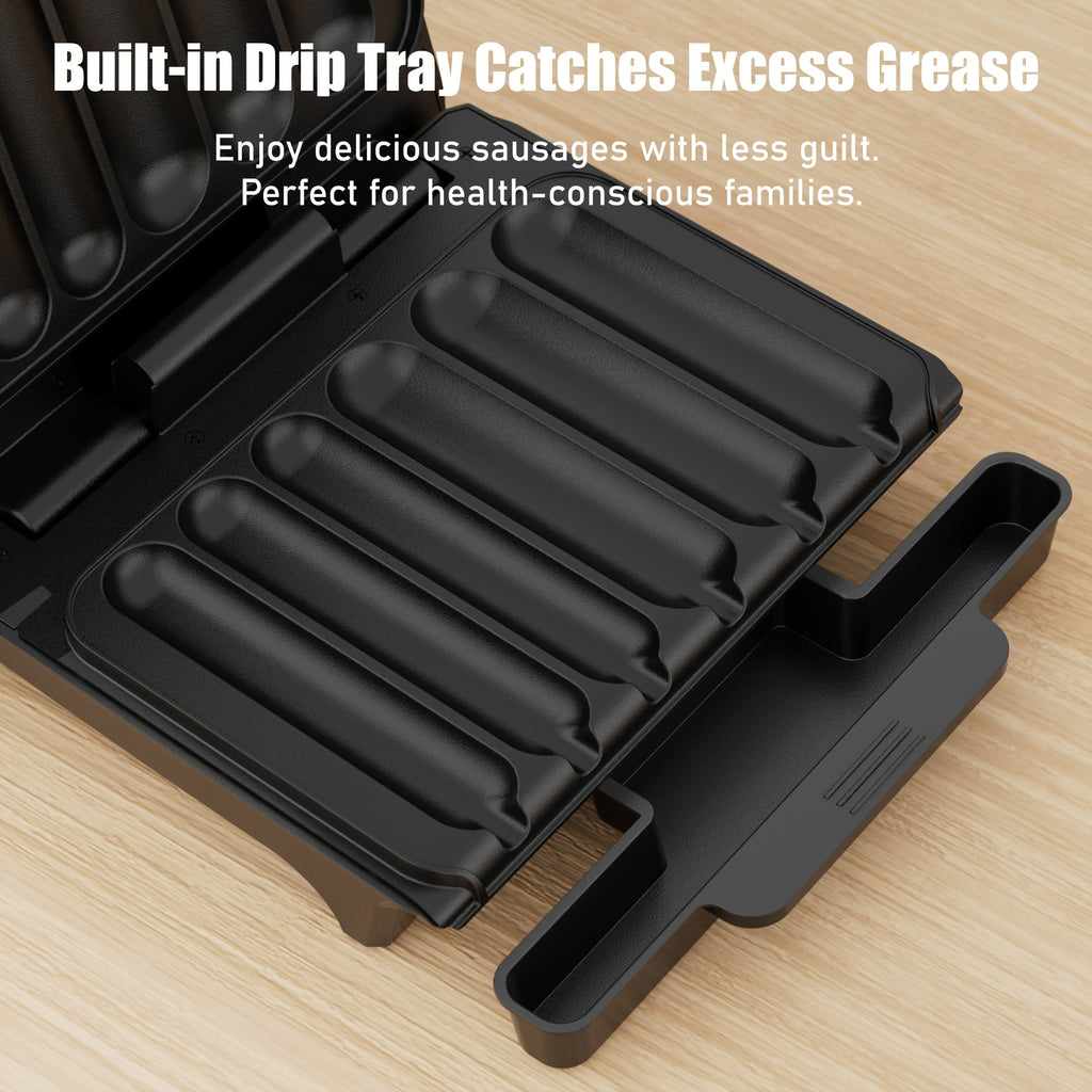 Electric Sausage Grill & Sandwich Maker with Nonstick Plate and Cord Storage - Hot Dog Cooker for BBQ, Veggie Sausages & Brats, Compact Countertop Indoor Grill