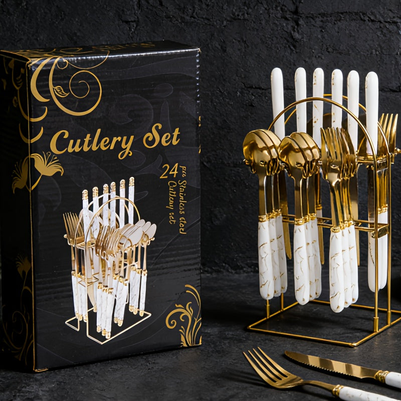 24-Piece Marble Pattern Stainless Steel Flatware Set Western Steak Knife Fork Spoon with Gift Box and Storage Rack