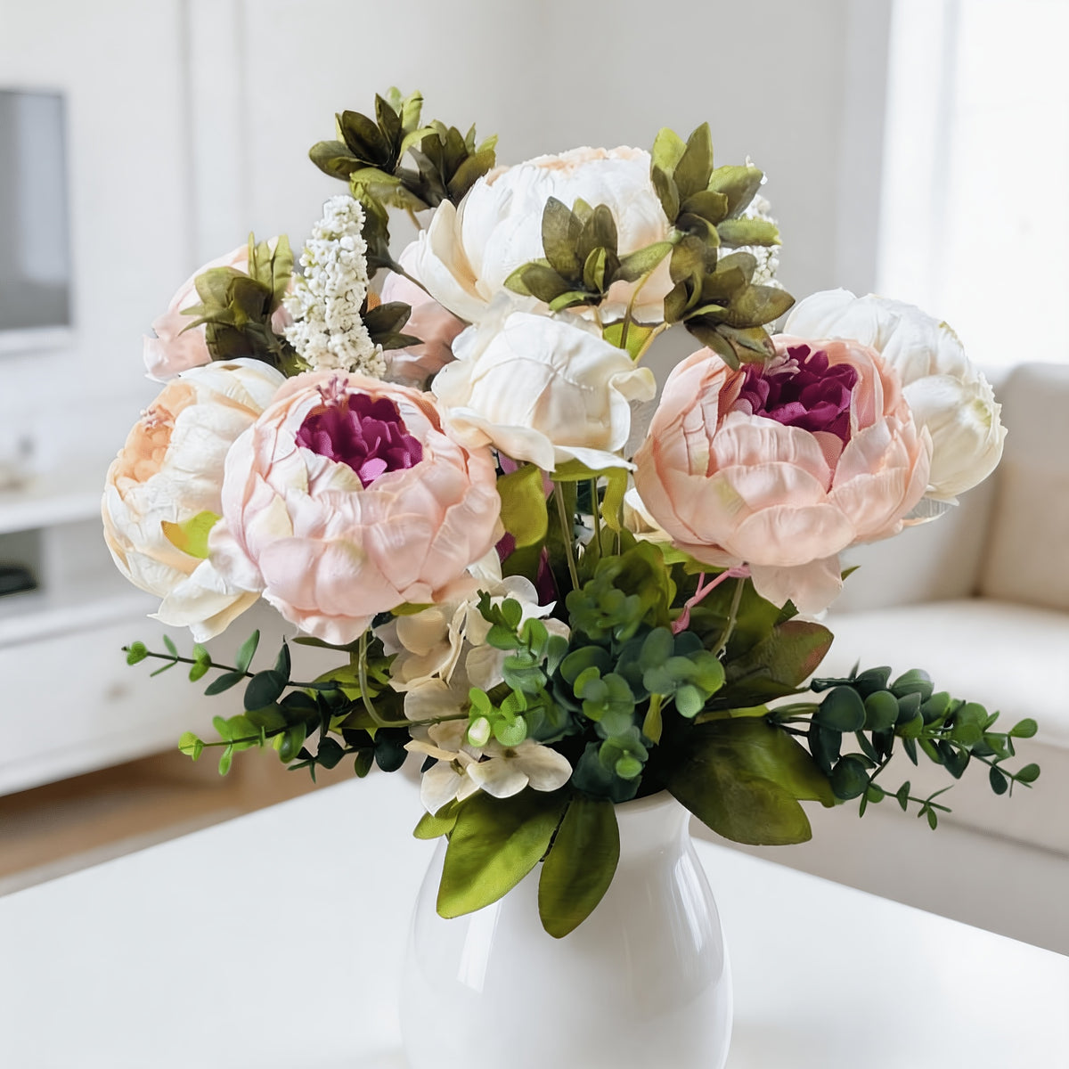 Faux Peonies and Hydrangeas Floral Centerpiece Vintage Rustic Pink Green Mix Artificial Flowers for Bridal Wedding Table Home Living Room Decor