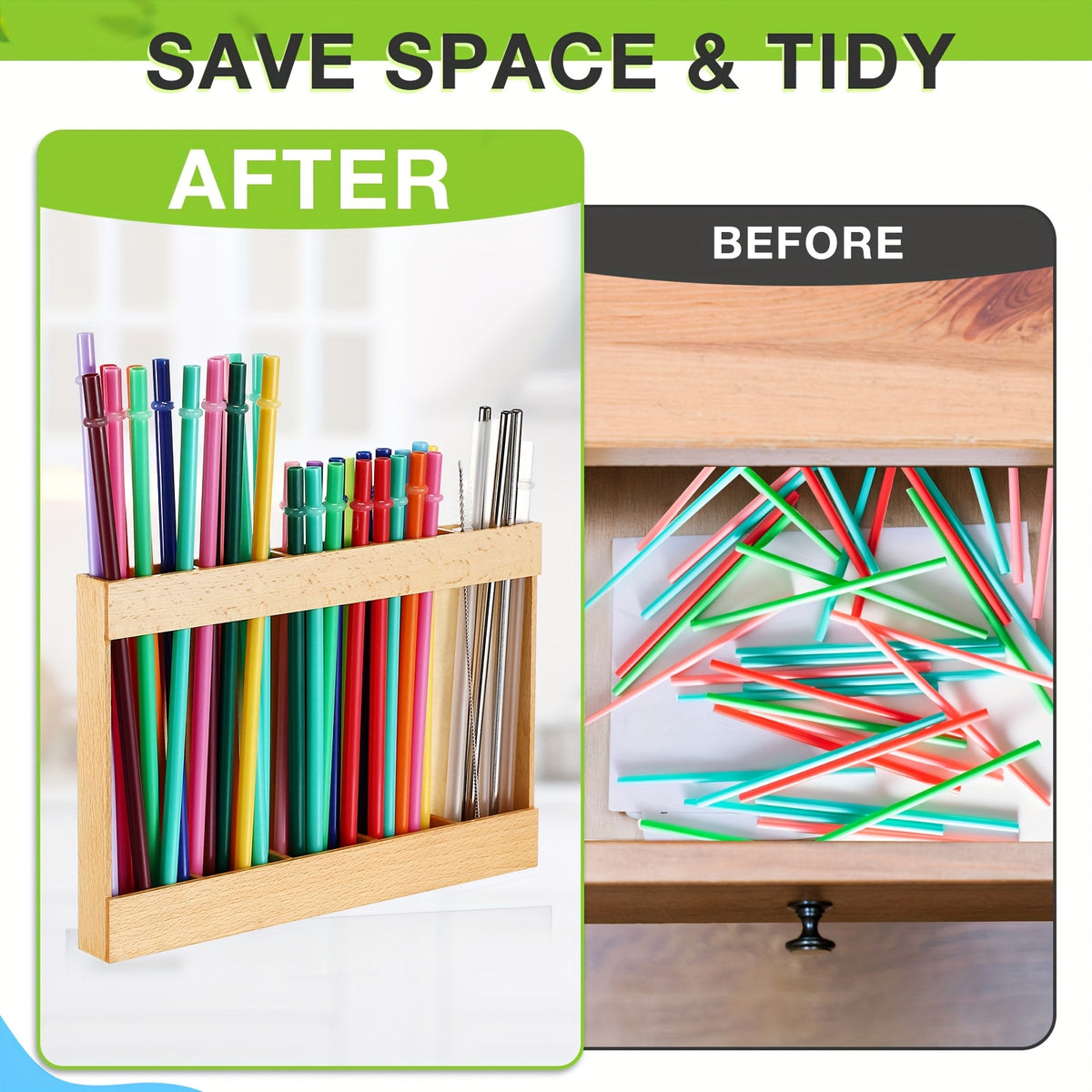 Wooden Straw Holder for Cabinet Door, Adhesive Tumbler Straw Organizer for Kitchen Counter & Cupboard, Acacia Wood Straw Dispenser Storage Container, Housewarming & Holiday Gift