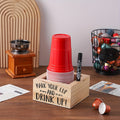 Wooden Cup Holder Desktop Organizer "Mark Your Cup & Drink Up" – Party Cup Rack for Coffee Bar, Desk, Vanity & Cosmetics Storage, Rustic Wood Farmhouse Kitchen Decor & Office Accessories