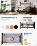 Metal Platform Bed Frame with Vintage Iron Art Headboard Footboard No Box Spring Needed Under Bed Storage Twin Full Queen King Black White Pink Gold