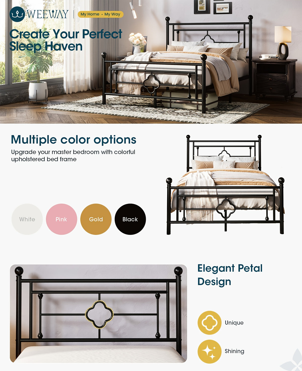 Metal Platform Bed Frame with Vintage Iron Art Headboard Footboard No Box Spring Needed Under Bed Storage Twin Full Queen King Black White Pink Gold