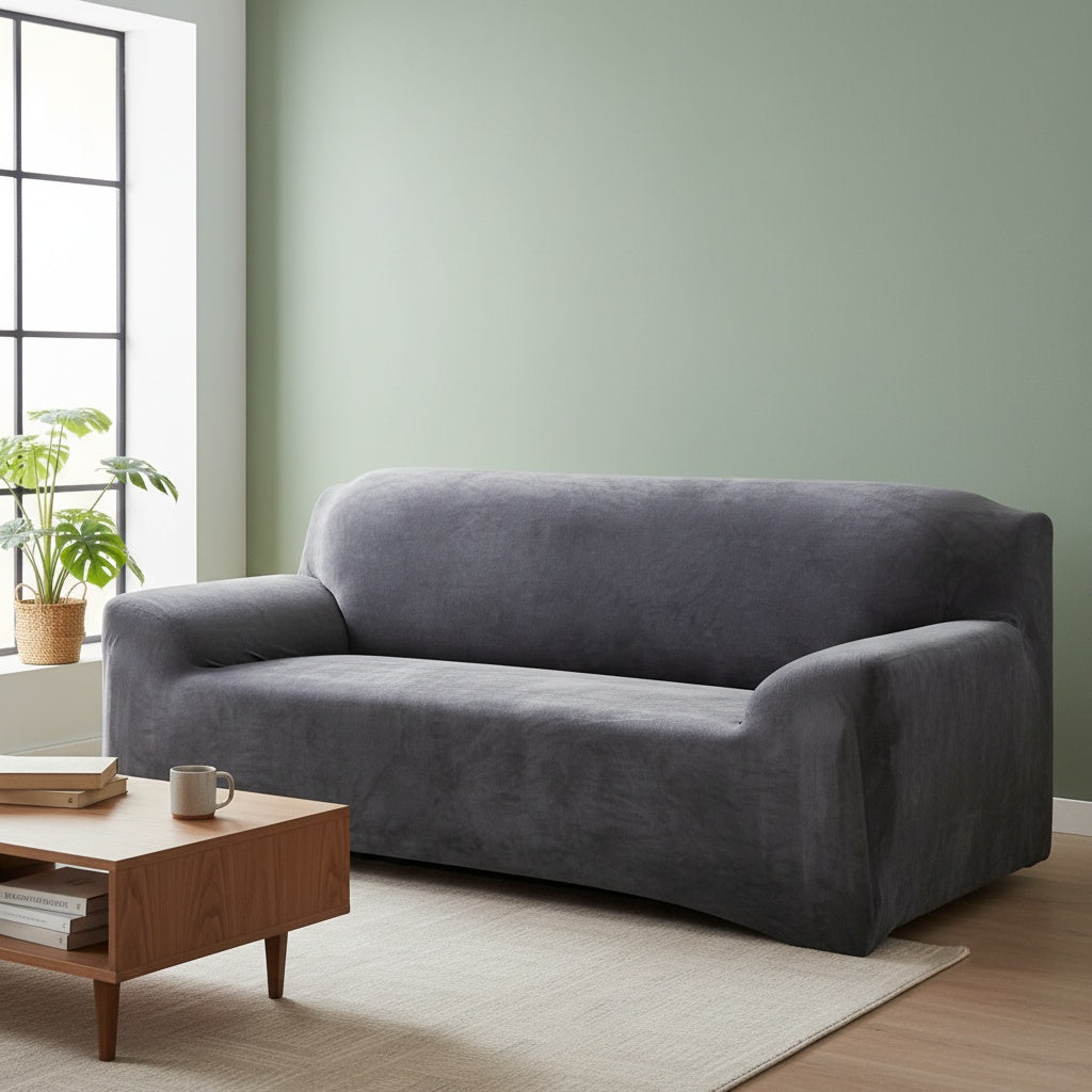 Plush Sofa Slipcover Stretch Thick Couch Cover - Soft Velvet Furniture Protector for Chair Loveseat 3 4 Seater, Anti-Slip Elastic Wrap, Machine Washable, 6 Colors for Living Room