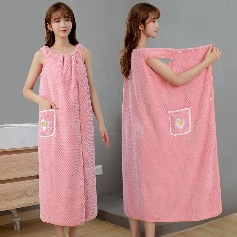 Women's Wearable Pocket Towel Skirt – Non-Slip Bath Wrap Robe with Sunflower Pattern | 4 Colors | Easy Wear for Bathroom & Daily Use
