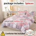 Floral Print Duvet Cover Set 3pcs – Soft Breathable Splicing Floral Light Pink, Zip Closure, Machine Washable, 1 Duvet Cover + 2 Pillowcases, Twin to King, All-Season Bedding