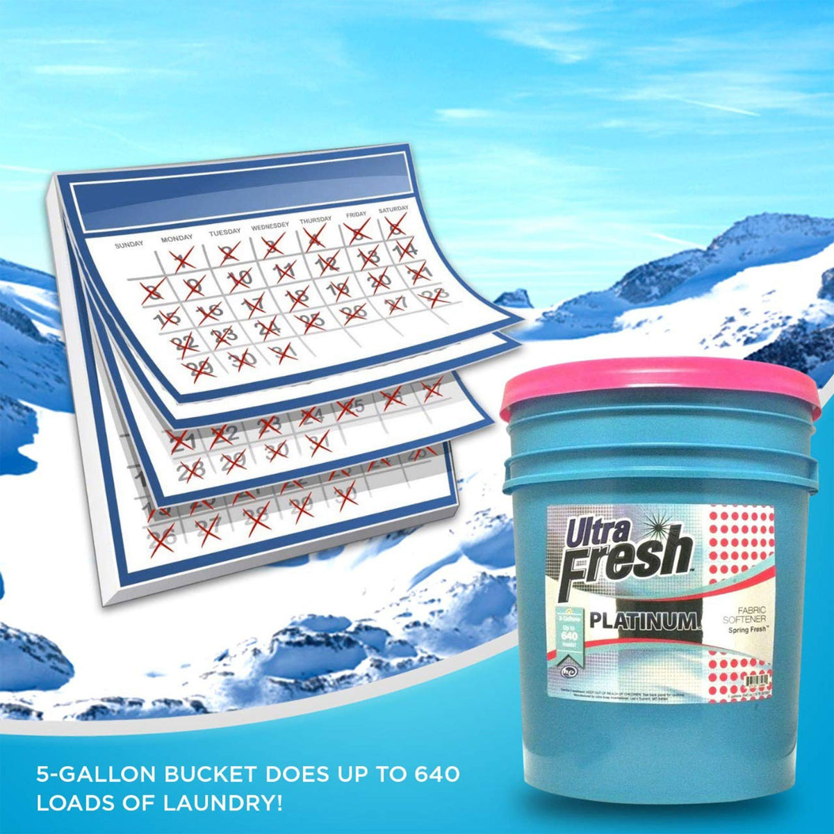 Ultra Fresh 6X Concentrated Liquid Laundry Detergent 5 Gallon with Pump, Up to 640 Loads HE Compatible All Machine Types, No Phosphates No Bleach, 4 Scent Options