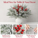 Artificial Christmas Greenery Stems with Red Berries 20pcs 14 Inch Flocked Norfolk Pine Picks for DIY Wreaths Xmas Tree Holiday Centerpiece Indoor Home Vase Filler Decor