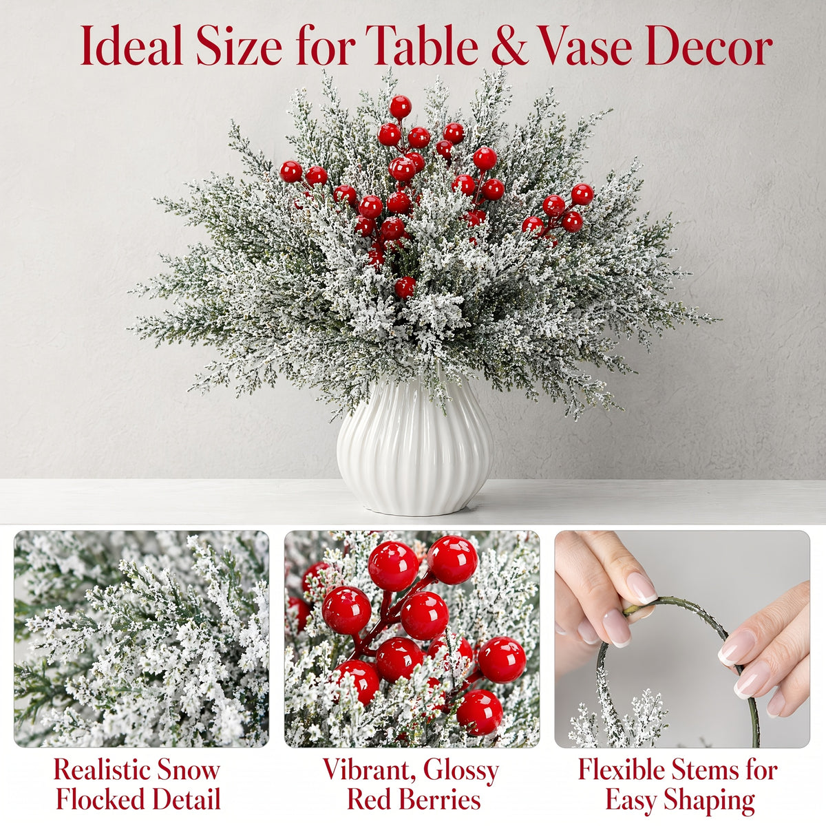 Artificial Christmas Greenery Stems with Red Berries 20pcs 14 Inch Flocked Norfolk Pine Picks for DIY Wreaths Xmas Tree Holiday Centerpiece Indoor Home Vase Filler Decor
