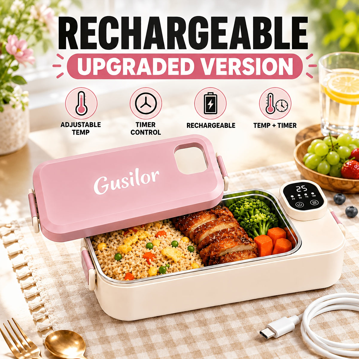Heated Lunch Box Rechargeable with Timer - Self-Warming Portable Bento Box 80°C Keep Warm for Women & Men, Insulated Meal Prep Container with Lid, Electric Lunch Box for Work & Office