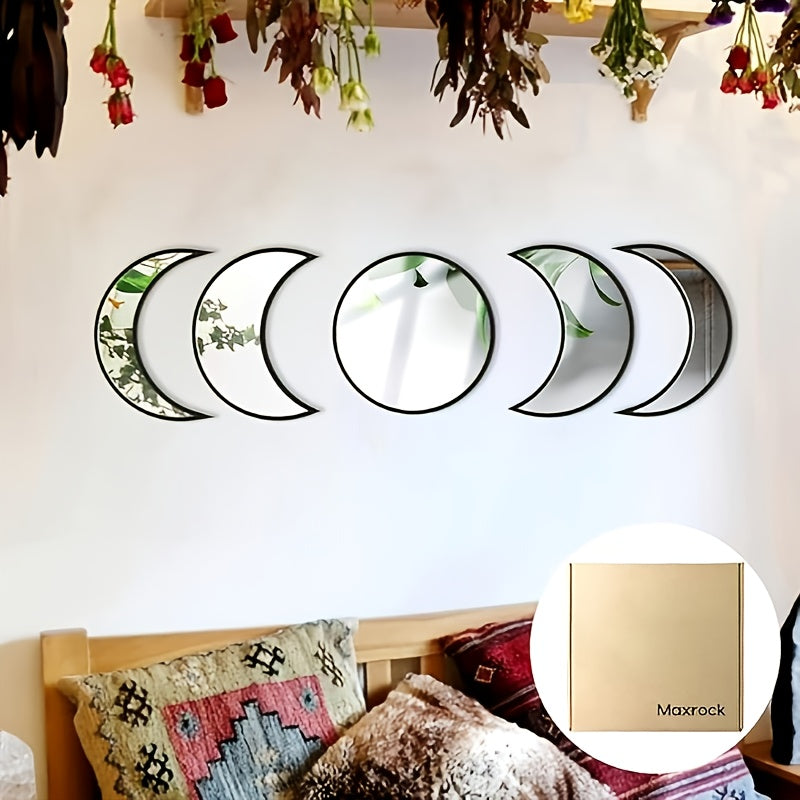Moon Phase Mirror Set of 5 - Boho Scandinavian Acrylic Wall Mirrors for Living Room, Bedroom and Apartment - Decorative Bohemian Moon Wall Decor for Modern and Minimalist Home