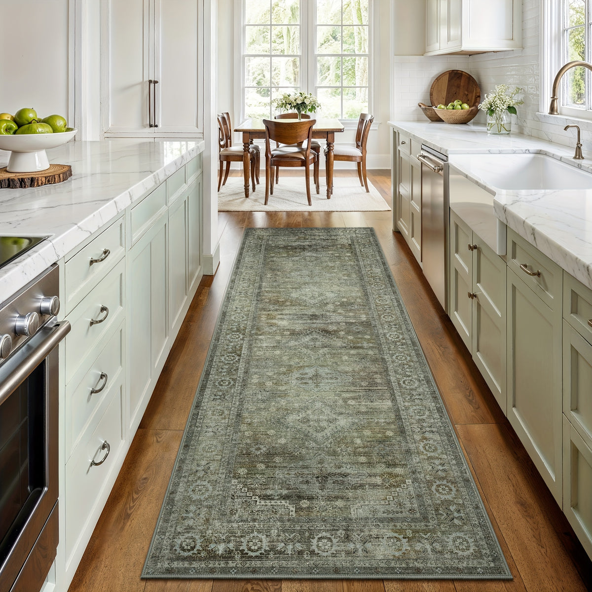 Washable Area Rug Sage Green Vintage Print - Low Pile Non-Slip Backing, Machine Washable Thin Flat Rug for Living Room Bedroom Entryway, Multiple Sizes