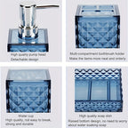 Bathroom 4-Piece Plastic Accessory Set – Transparent Diamond Grid Pattern | Soap Dispenser, Toothbrush Holder & More | Grey, Blue, Green