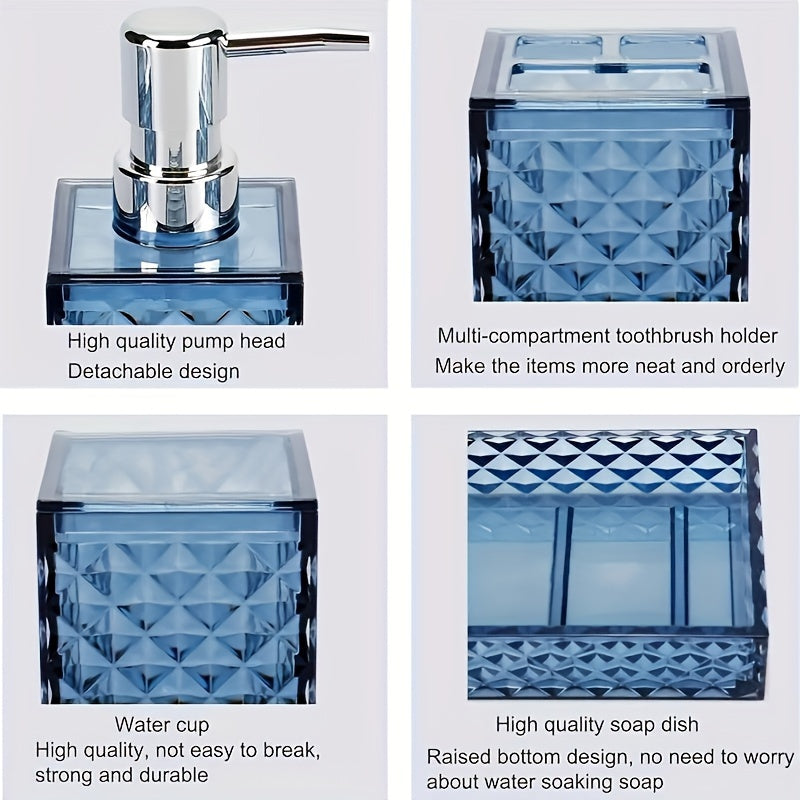 Bathroom 4-Piece Plastic Accessory Set – Transparent Diamond Grid Pattern | Soap Dispenser, Toothbrush Holder & More | Grey, Blue, Green