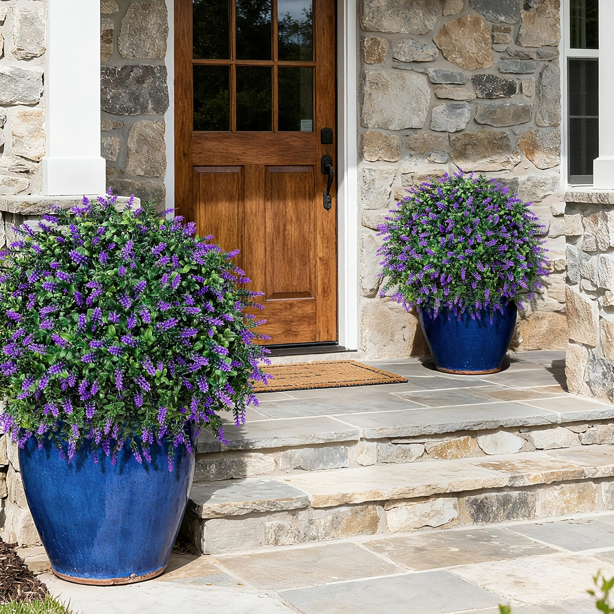 Artificial Lavender Topiary Ball Trees 2 Pack with Ground Spike – UV Resistant Faux Cedar Evergreen Shrubs for Outdoor Front Porch, Garden, Backyard & Indoor Home Decor