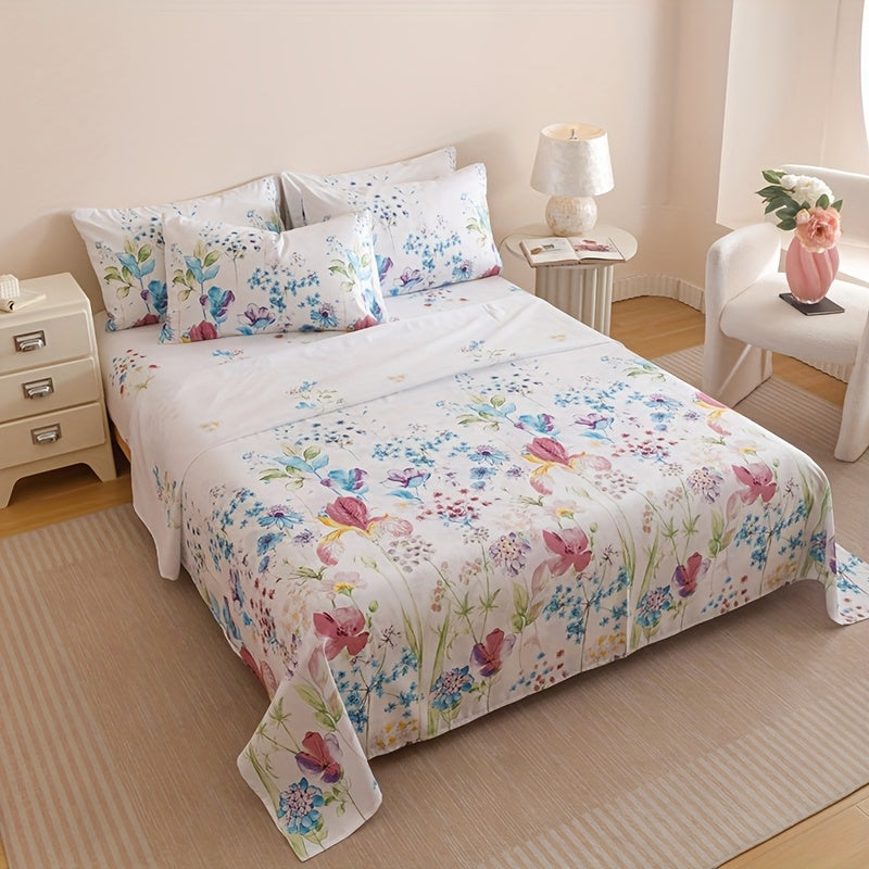Floral Sheet Set 4 Piece – Fresh Natural Flower Plant Print Fitted Sheet Flat Sheet 2 Pillowcases, Soft Breathable All-Season Bedding for Bedroom & Dorm